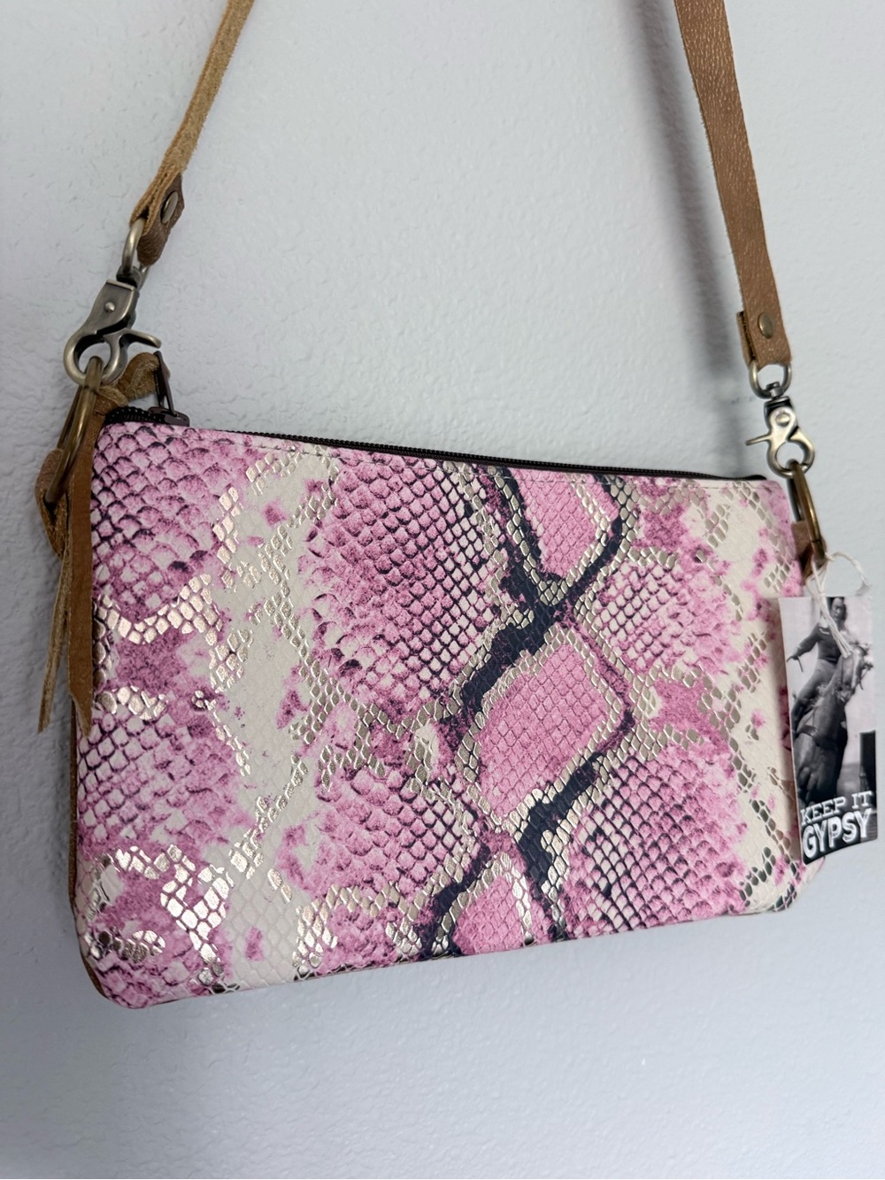 Keep it Gypsy Pink “Olive Pink Snake Print” Leather Cross Body Upcycled Custom - Picture 6 of 8